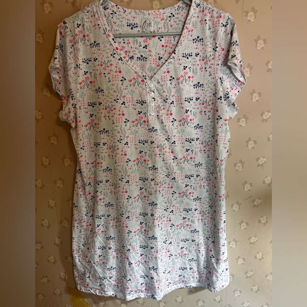 Aria White XL Pajama Top with Blue and Pink Floral Print Cottagecore Cozy